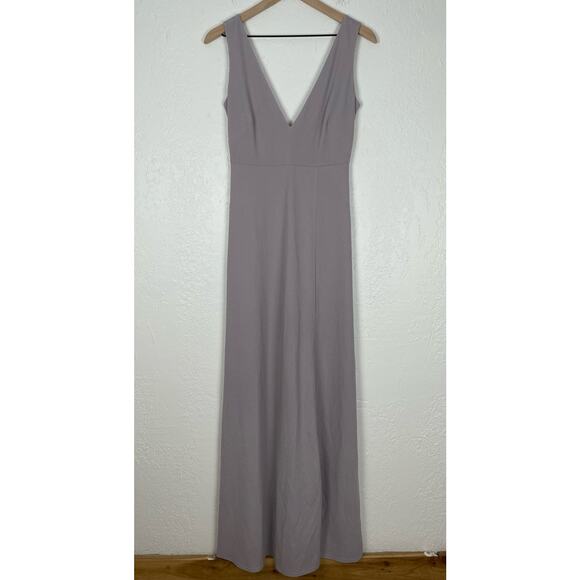 Birdy Grey V Neck Crepe Bridesmaid Dress with Slit in Lilac NWT Size Small - Picture 3 of 6